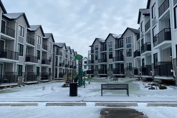 Winter townhouse complex courtyard